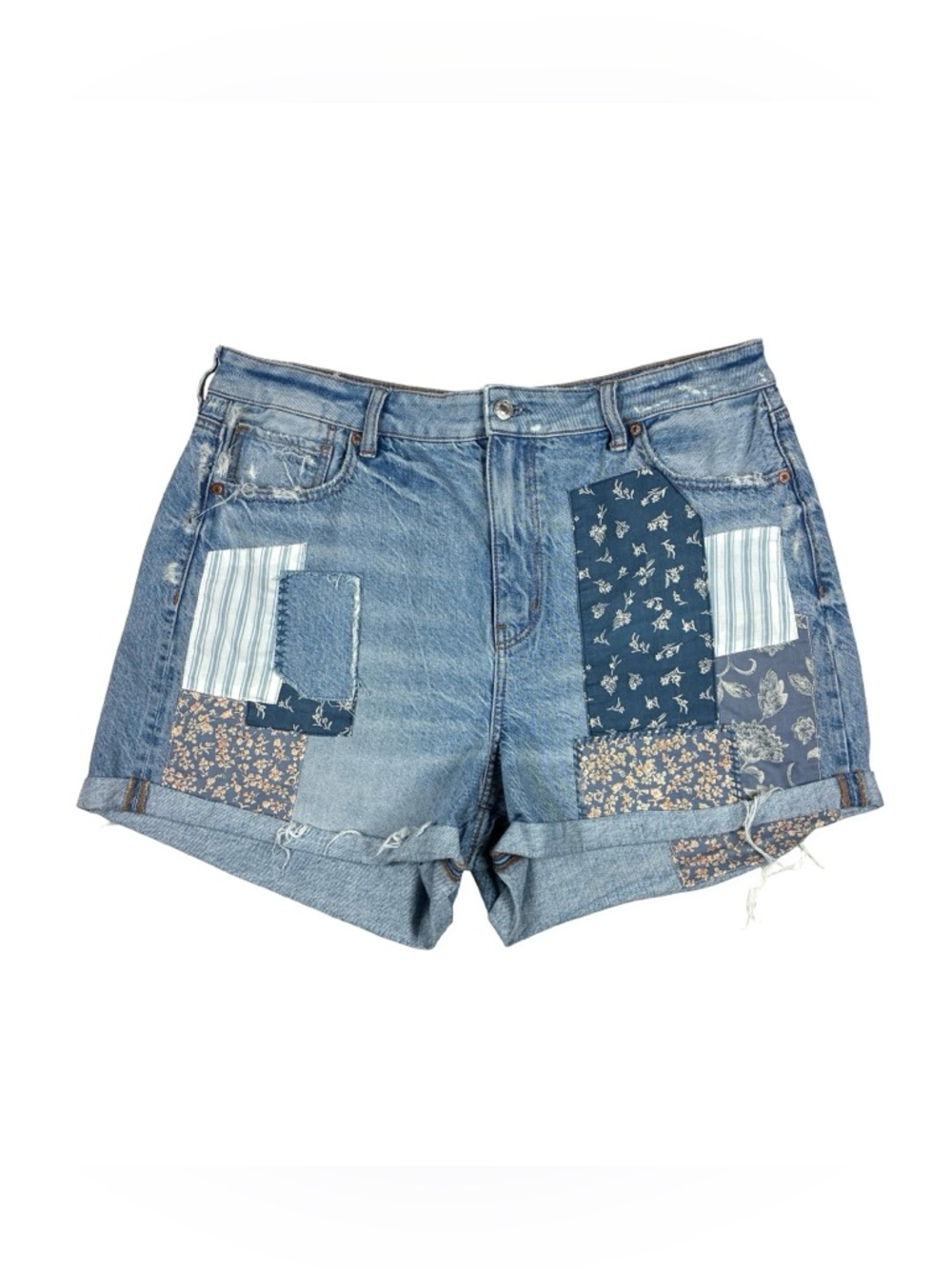 American Eagle High Rise Patchwork Denim Mom Shorts